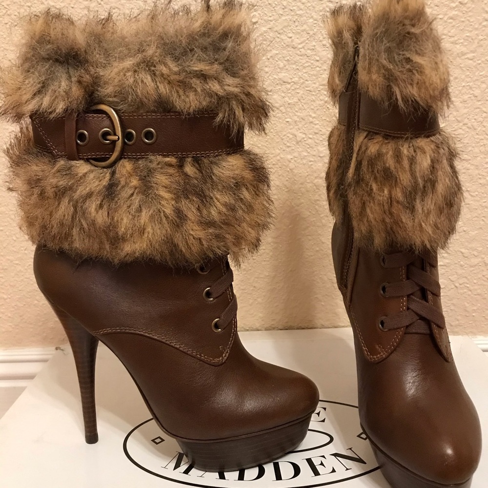 Steve Madden Claus Brown Leather Faux Fur Boots